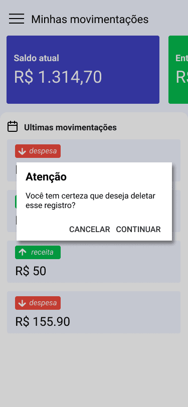 App Finanças Alert Box