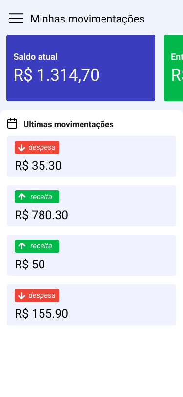 App Finanças Home Screen